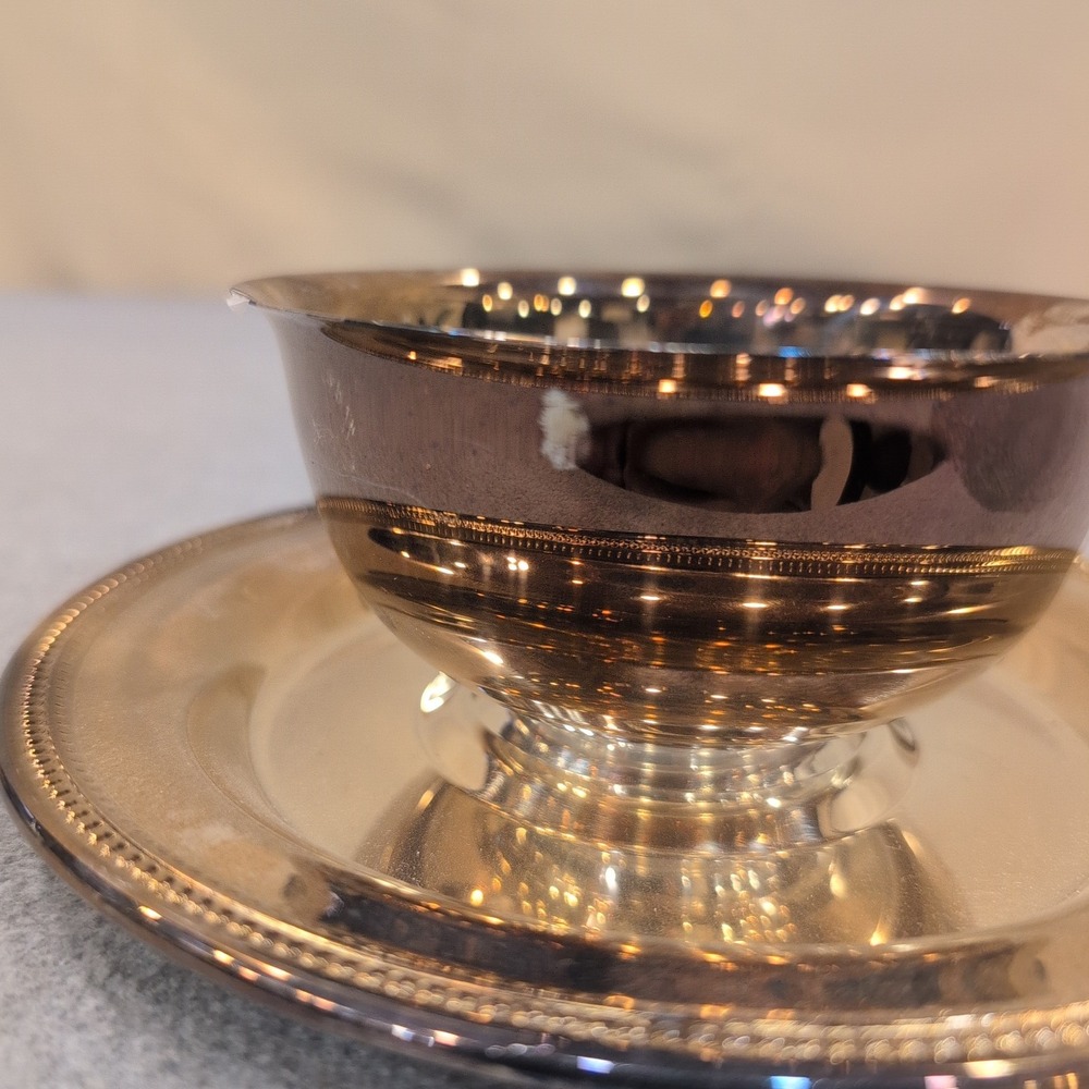 Oneida Silverplate Sherbet Cup and Underplate Set Beaded Rim USA Vintage - Picture 2 of 8